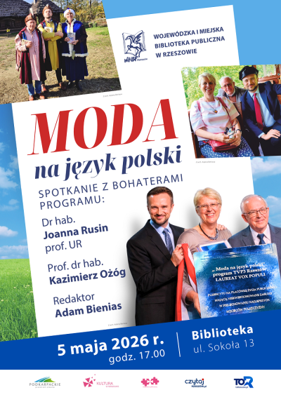 Grafika promująca spotkanie z bohaterami programu Moda na język polski 2026